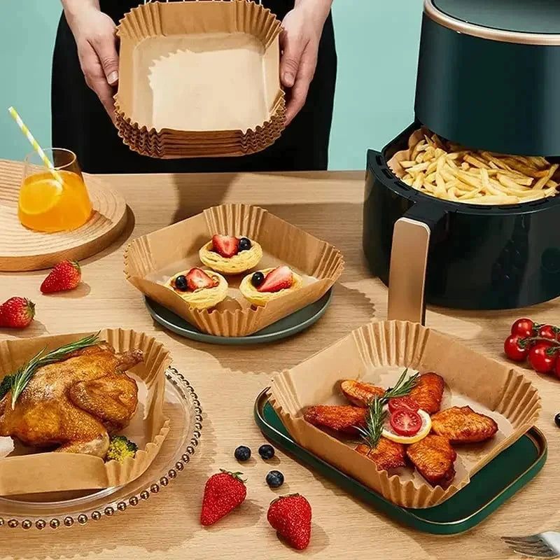 50-300pcs Disposable Air Fryer Baking Paper Liners β Oil-Proof Square Pads (16/20/23cm)